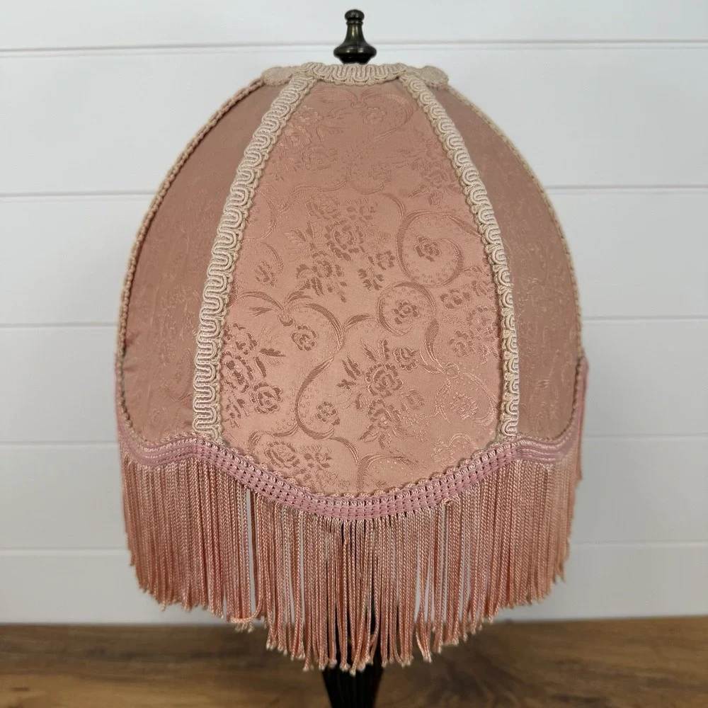 Vtg Victorian Fringed Lamp Shade Only Art Nouveau Brocade‎ Panels Scalloped Edge